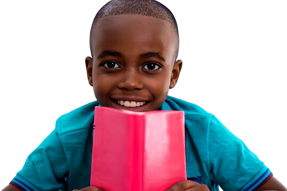 A smiling boy holding an open pink book.