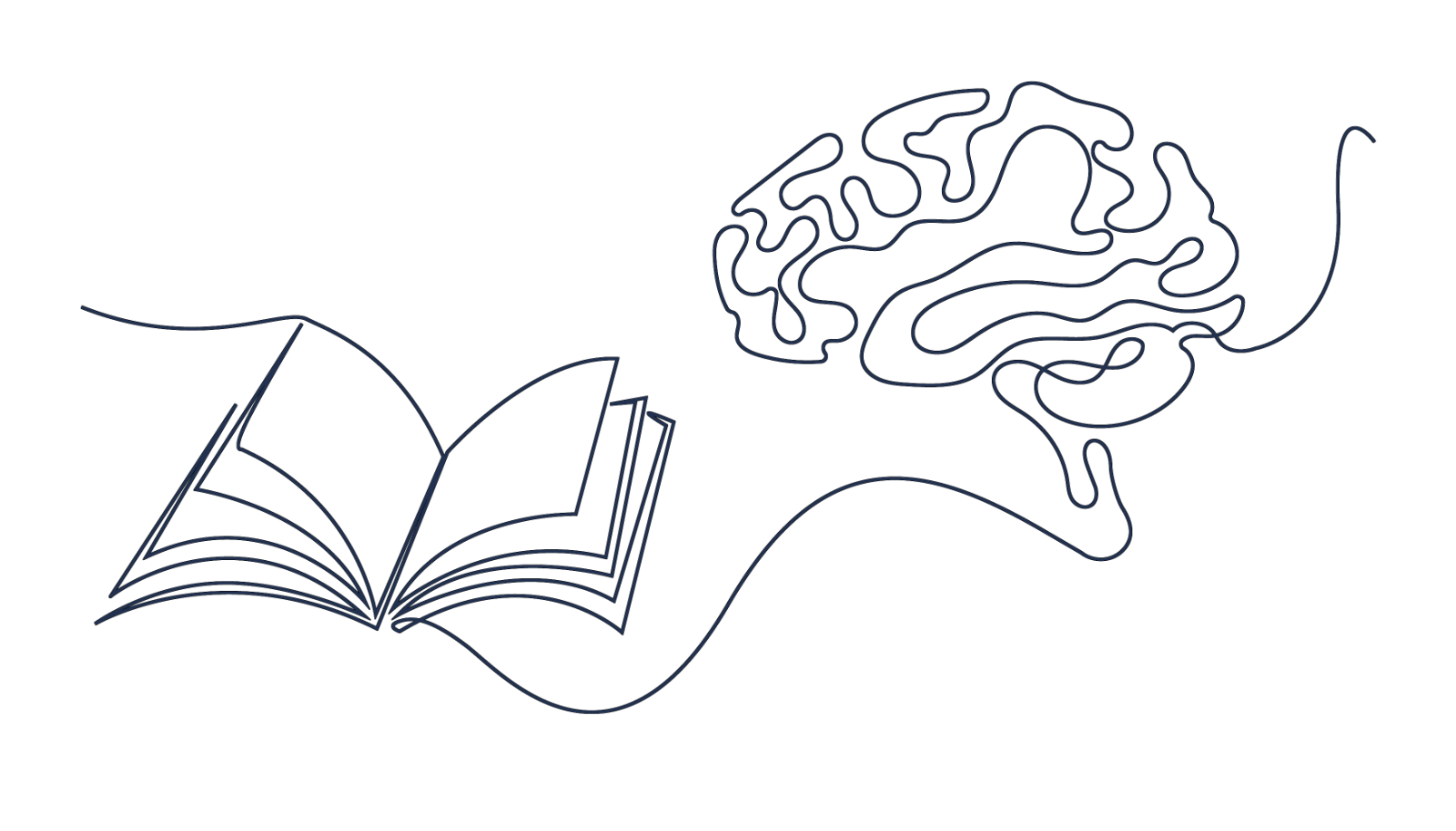 An open book flowing into a brain, drawn as a single continuous line.