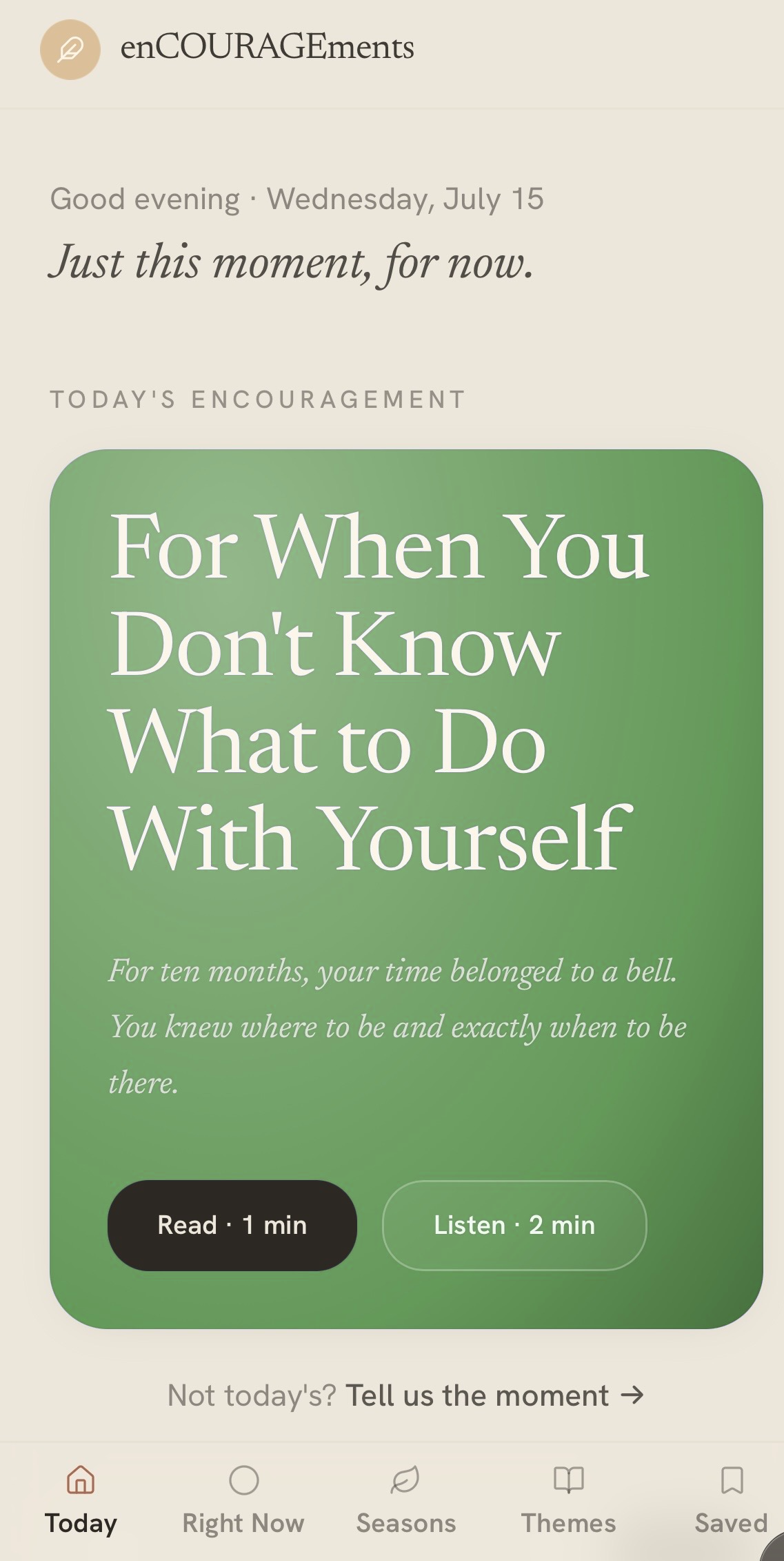 The Encouragements app, showing today's encouragement.