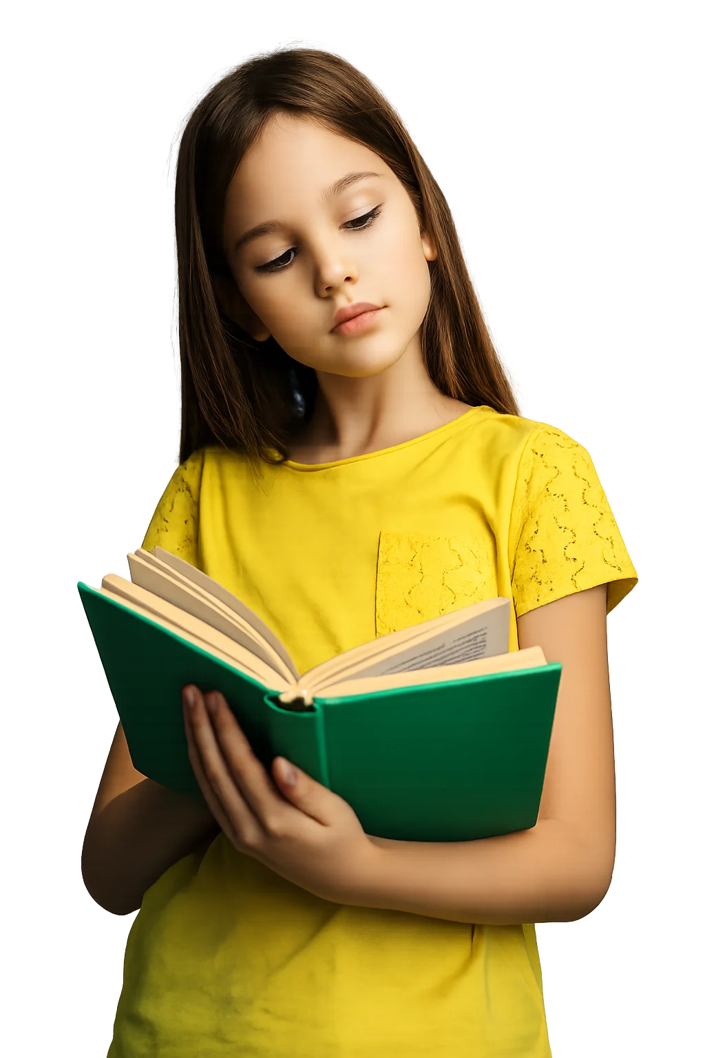 A girl reading, with gears turning like thoughts beside her head.