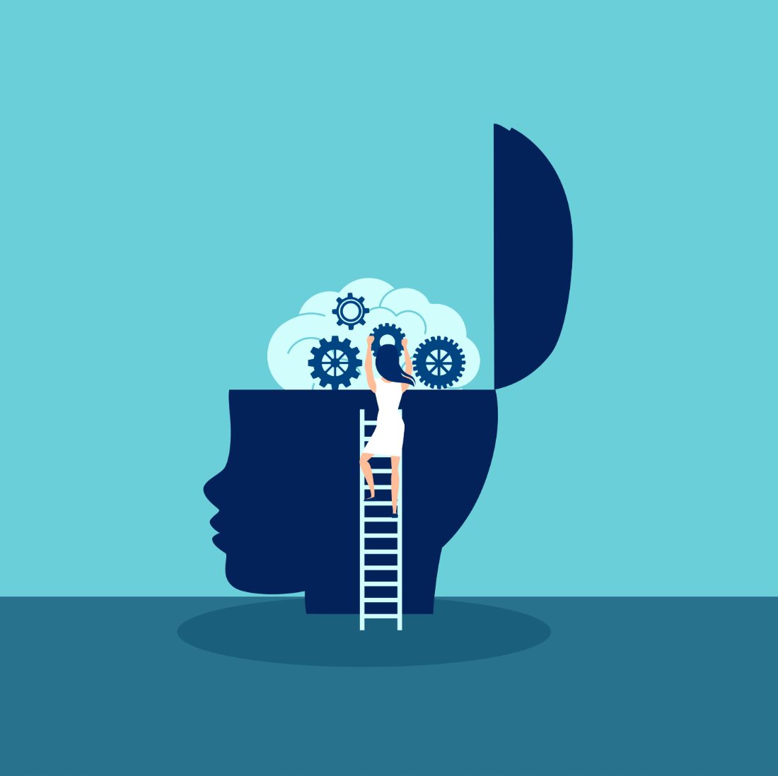 A woman climbs a ladder into an open head, assembling the gears of a mental model