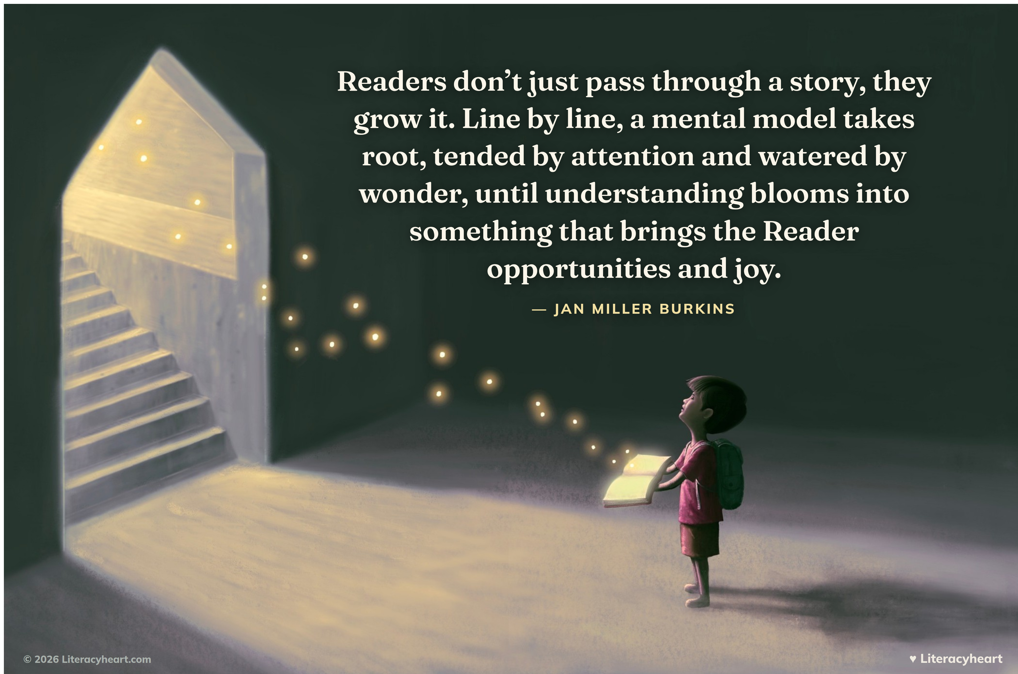 A child watering a garden of paper flowers growing out of an open book, with Jan Miller Burkins' quote about readers growing a story.